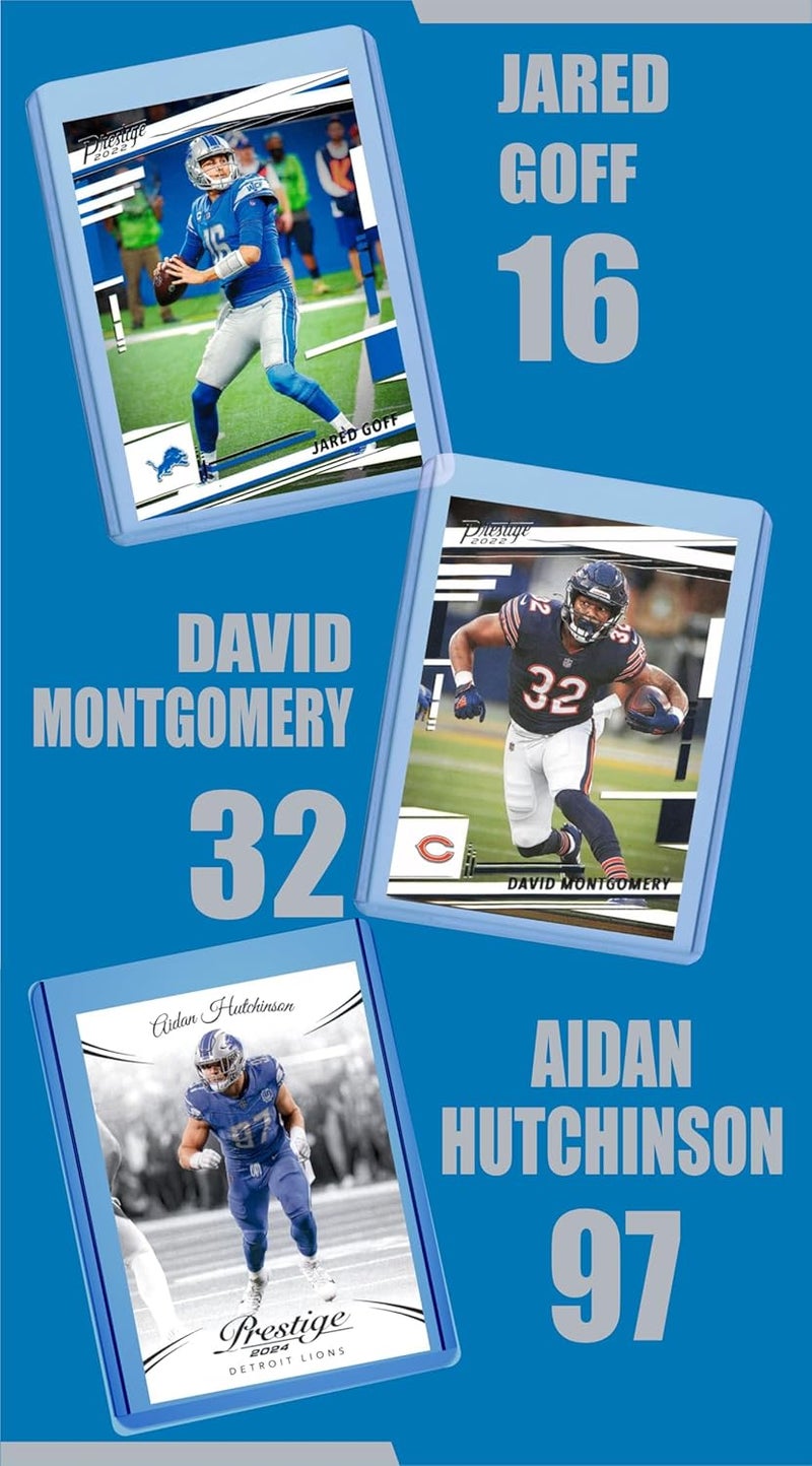 Chaser Detroit Lions Cards: Jared Goff, David Montgomery, Amon-Ra St. Brown, Sam LaPorta, Jahmyr Gibbs, Barry Sanders, Aidan Hutchinson, Calvin Johnson ASSORTED Football Stars & GOATs Trading Card & Wristbands Gift Pack - Image 2